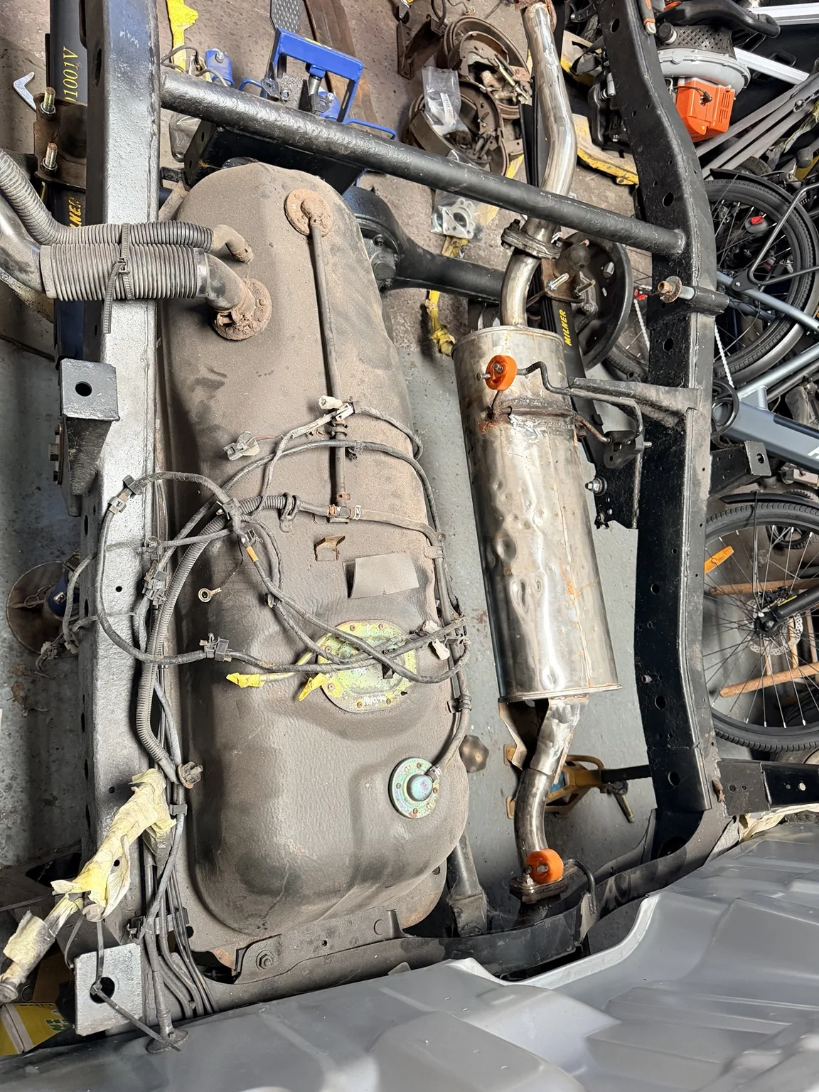 Ford Ranger chassis, fuel tank and exhaust during rebuild